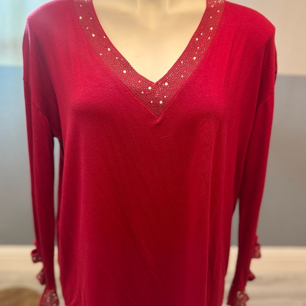 Vocal Red Blouse with Studded Neckline long sleeve shirt,lightweight comfortable